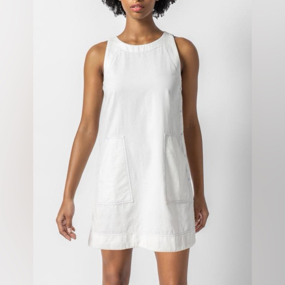 NWT Lilla P White Side Button Canvas Cotton Mini Dress Shift Casual Pockets L